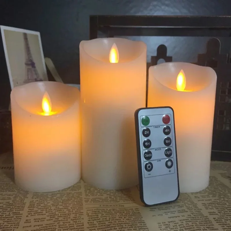 

set of 3 Flickering Flameless Pillar LED Candle Lights Remote controlled timer moving wick melted edge Wedding Xmas Party-Amber