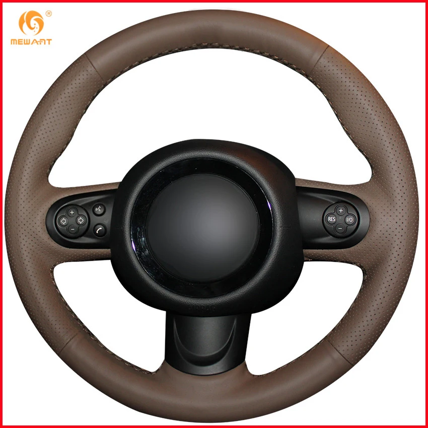 MEWANT Dark Brown Genuine Leather Car Steering Wheel Cover for Mini