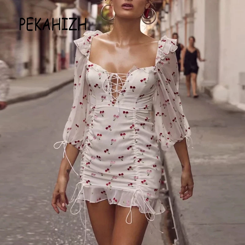 

summer dress Sexy mini lace up yellow white boho dress women ruffle dress vintage elegant Cherry floral beach party dresses