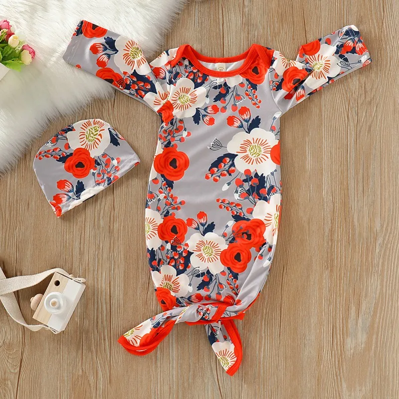 Новый осенний Детский комбинезон с длинными рукавами, хлопковая одежда для сна с цветочным принтом + повязка на голову, конверт для сна для