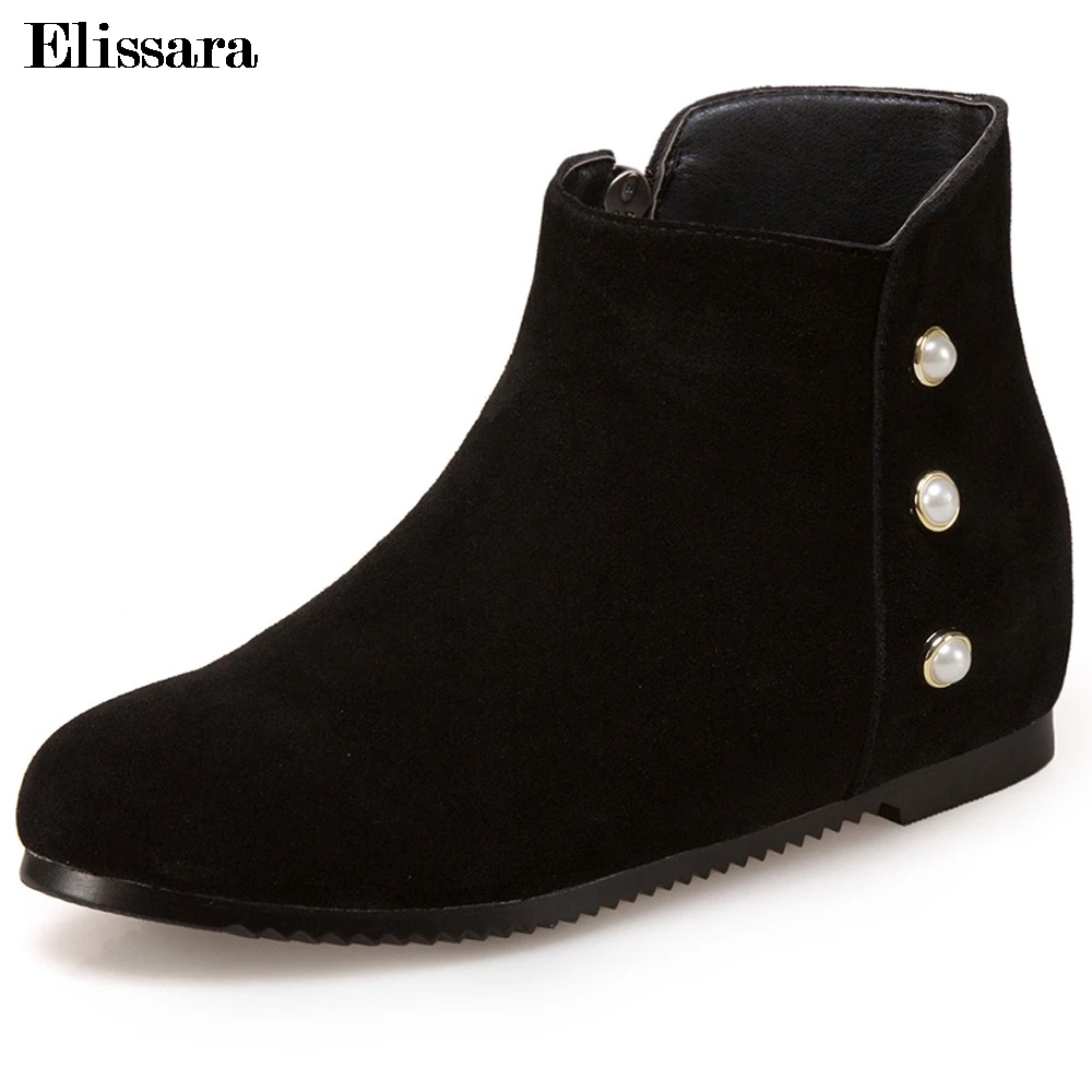

Elissara Women's Natural Leather Boots Women Med Heels Ankle Boots Internal Increase Pearl Decoration Black Boots Plus Size