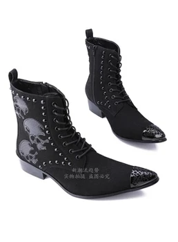 

Ch.kwok Black Designer Men Genuine Leather Ankle Boots Fashion Skull Pattern Metal Head Boots Pointed Toe Oxford Shoes Size46