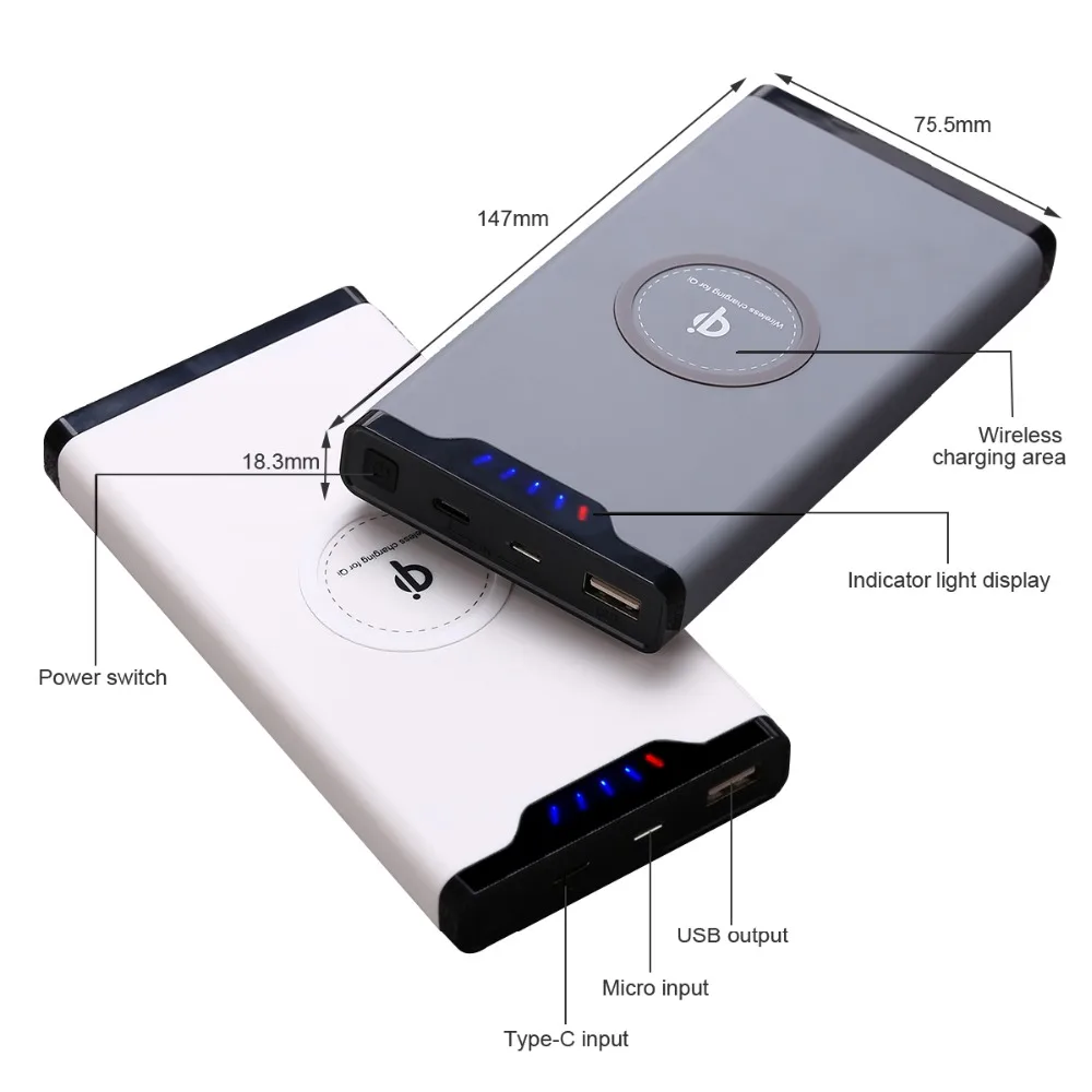 Новейшее QI Беспроводное зарядное устройство USB Type C порт 10000 мАч Внешний