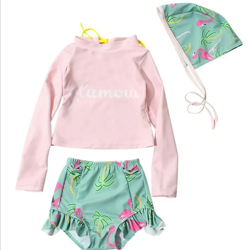 

1-8Yrs girls bikini summer long sleeve girls tops+flamingo printing ruffles lace underwear kids swimwear for girls bathing suit