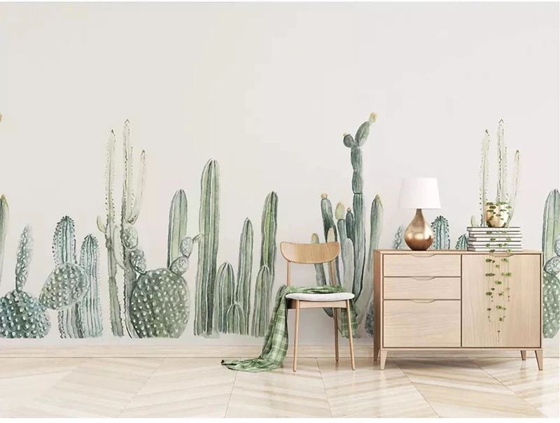 Modern 8d Hand-painted Wall paper Mural 3D Cactus Wallpaper sticker paper For Living room Bedroom Background Wall Murals Decor