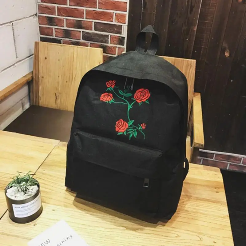 Canvas Heart Backpack Cute Women Rose Embroidery Backpacks for