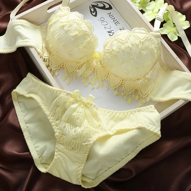 sexy lace tassle lingerie bra set - yellow