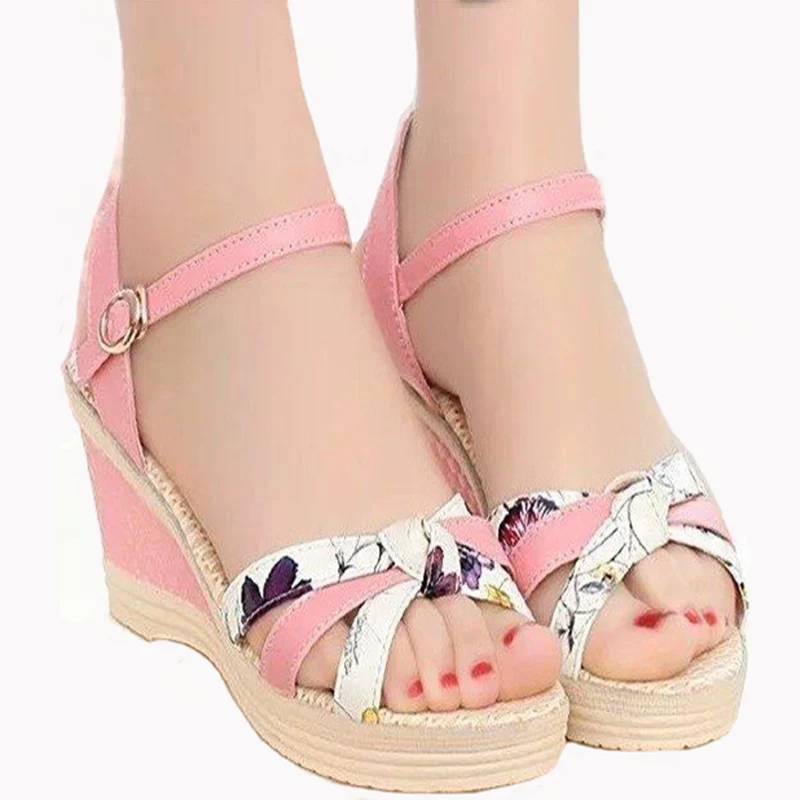 

Summer 2019 New Color Matching Print Flat Bottom Wedge Women's Sandals Fashion Buckle High Heel Women's Sandals Women