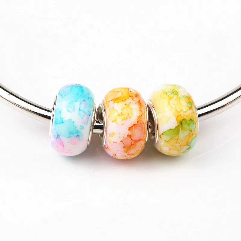 

20pcs Large Hole Beads with Silver Plated Cores Resin European Charms Paint Splatter color effect Diy Beads