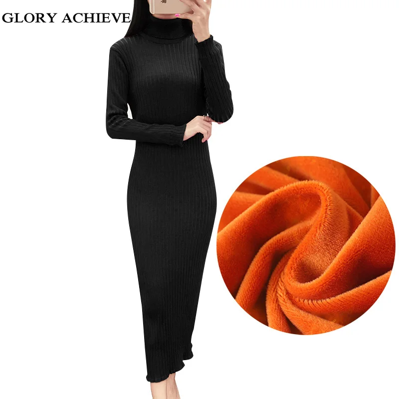 

Sweater Dress 2018 New Winter Thick velvet lining Turtleneck Long Sweater Women Slim Thick pullover Long-sleeved sweater