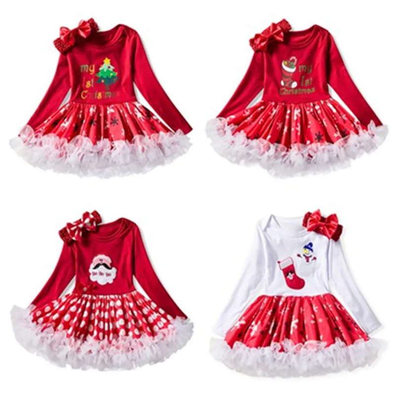 

My 1st Christmas Dress Long Sleeve Xmas Costume Infant Party Dress Fancy Girl kids Clothing Sets Christmas Romper+Hairband