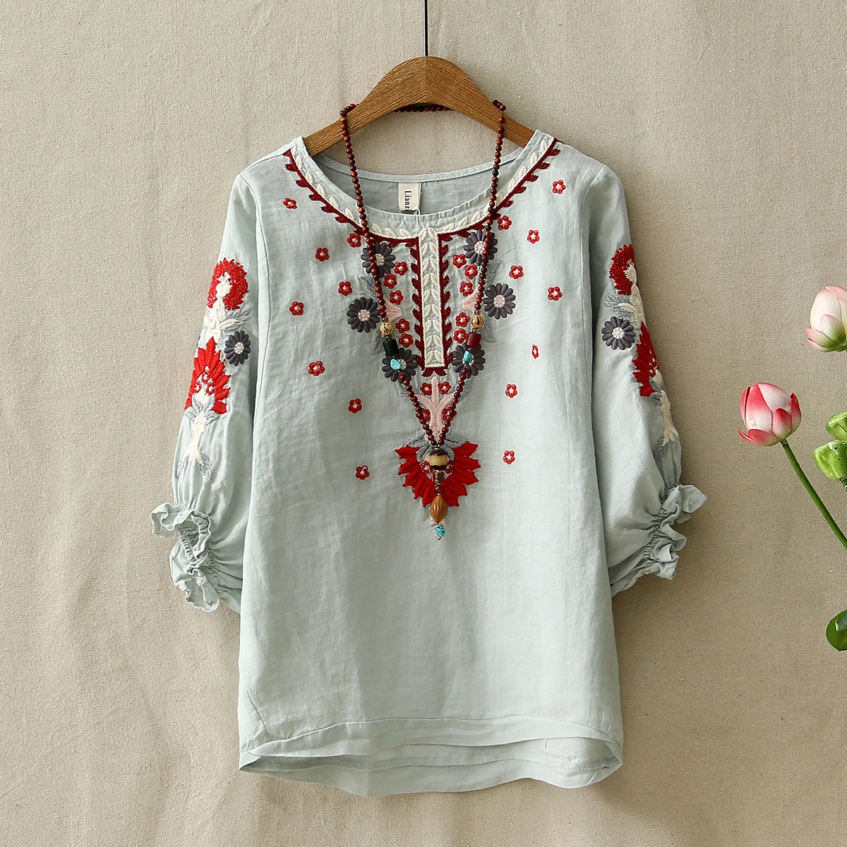 Top Bordadas Suelta Linterna Para Étnicas Mujeres De rosado Marino Blancas Algodón Manga Media Camisa Lino Blusas blanco Verde azul Vintage rojo Florales Casual ZWnAZdq