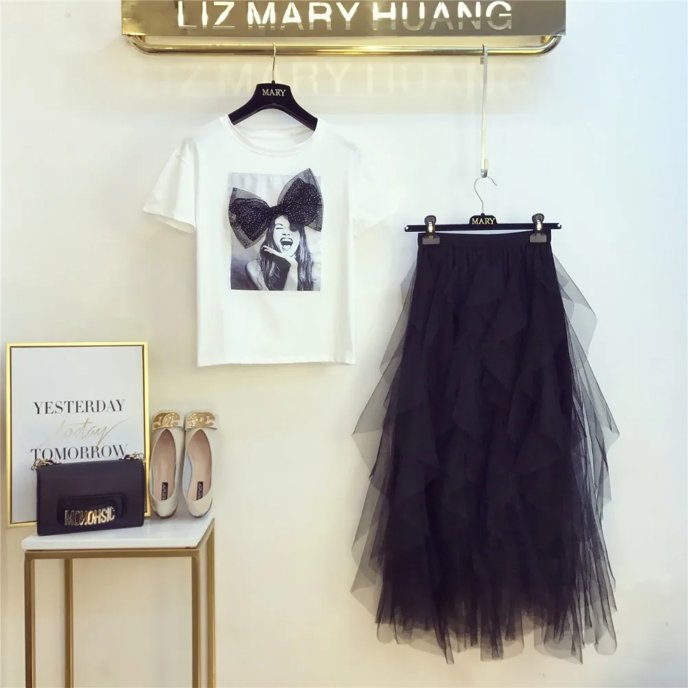 

New Women 3D Bowknot Tshirts+Mesh Skirts Set Summer Elegant Woman T-shirt Tees Skirt 2PCS Suits