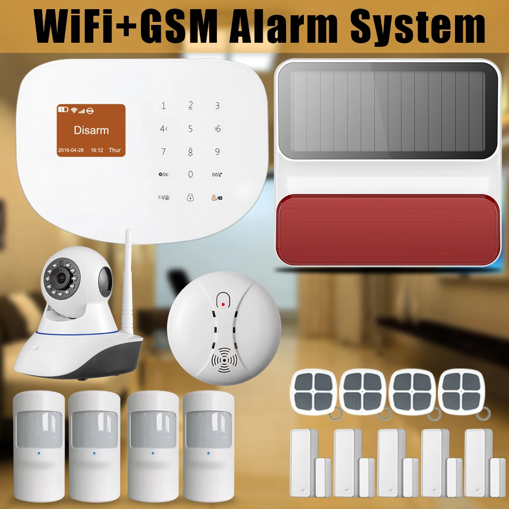 

Etiger WIFI/GSM Home Security Burglar Alarm System Smoke detector Wireless Strobe Siren Emit Sounds IP Camera