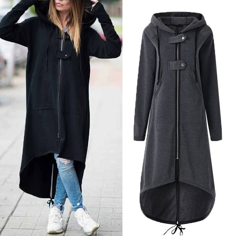 

Fashion autumn winter Trench Coats Fo Female Zipper Warm Hooded Irregular Long Coats High Quality Windbreaker Outwear Feminino