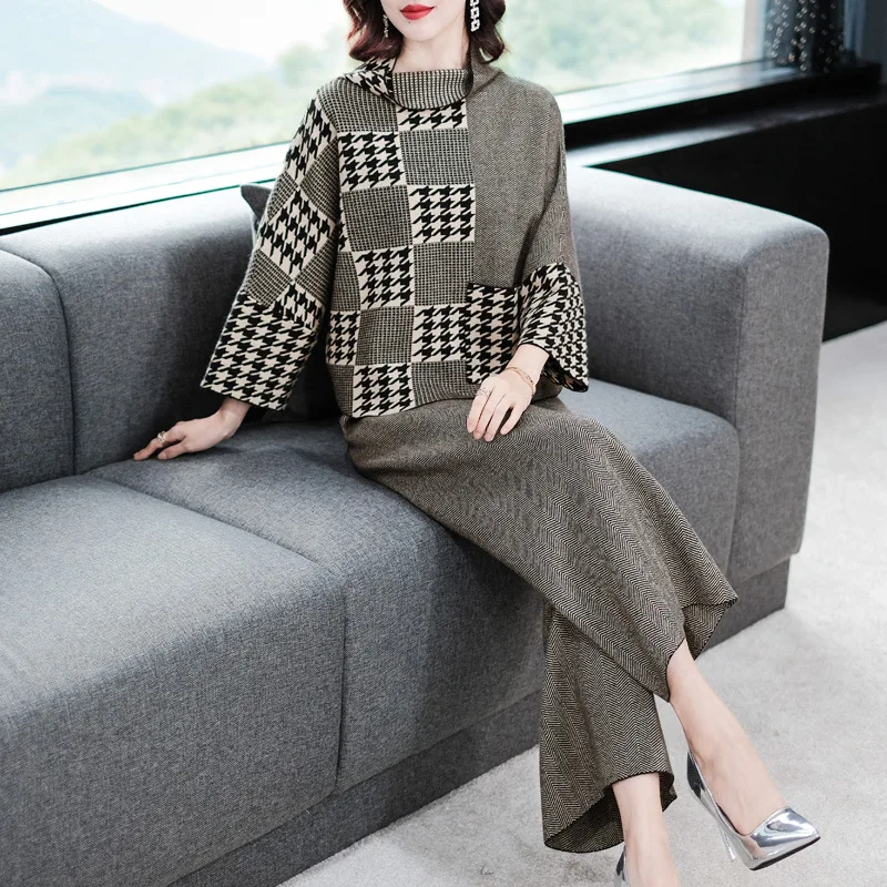 

Loose bat sleeve turtleneck elastic knit pullover sweater and wide leg long pants 2 piece pants suits 2018 new women autumn suit