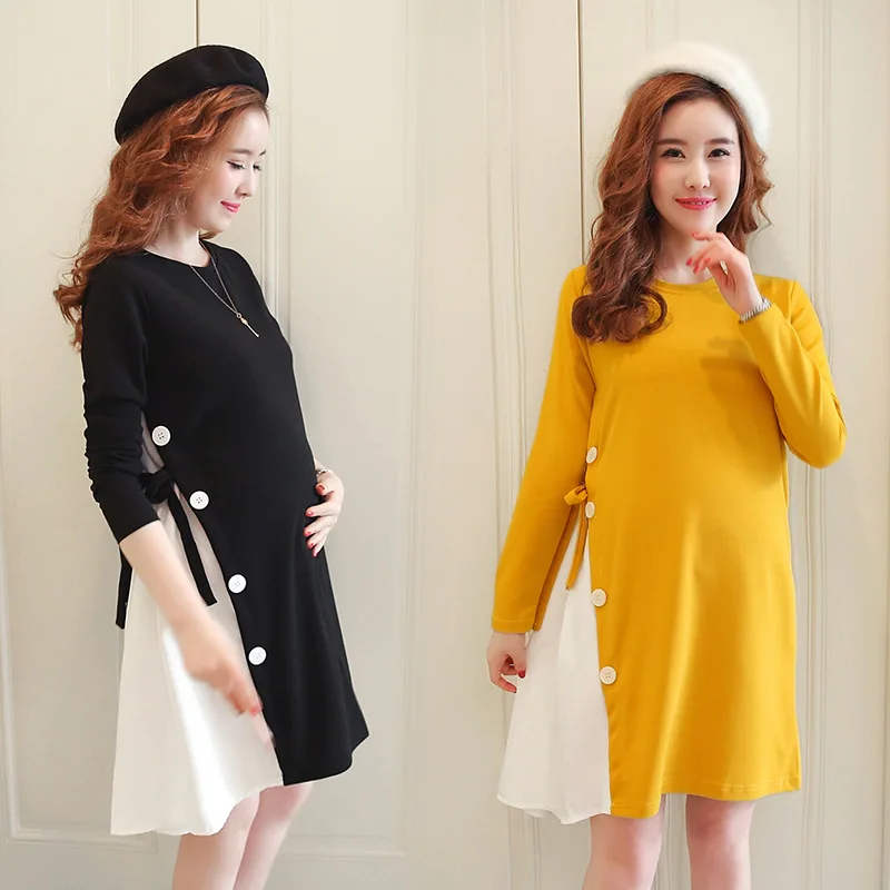 

Spring Winter Knitted Maternity Dresses clothes for Pregnant Women Fashion patchwork Waist ties Elegant Pregnancy Dress