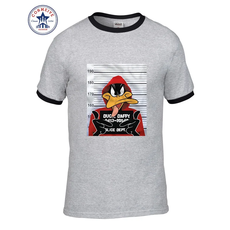 Летняя натуральная футболка с коротким рукавом, мужская одежда Looney ttes Daffy Duck Mugshot, хлопковая забавная футболка для мужчин - Цвет: Белый