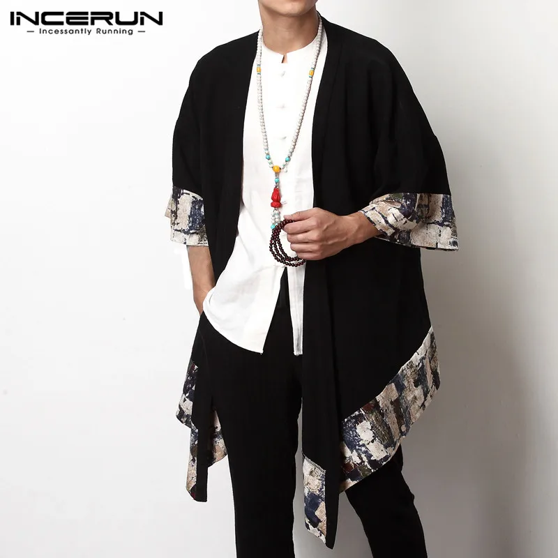 

Streetwear Retro Chinese Style Black Cardigan Three Quarter Open Stitch Loose Cardigan Outwear Plus Size S-5XL Hiphop INCERUN