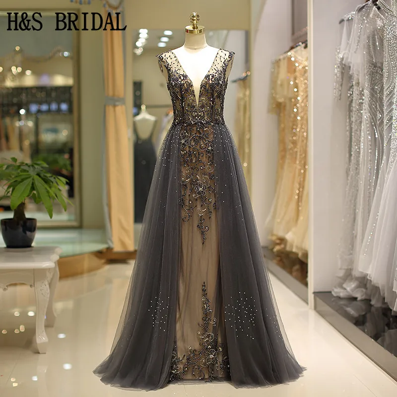 H & S свадебное серое вечернее платье с v-образным вырезом роскошное вечернее платье для мамы vestidos de fiesta Выпускные платья