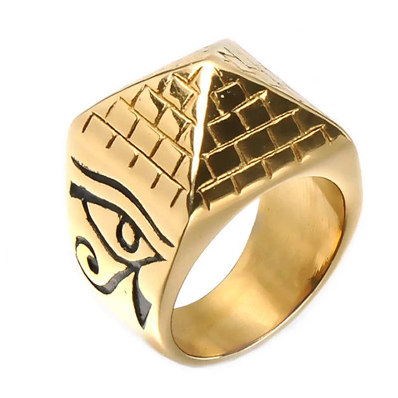 

Hip Hop Horus Eyes Anubis Pattern Triangle Pyramid Rings Rock Titanium Stainless Steel Men Signet Ring for Men Jewelry