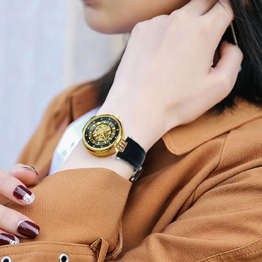 Элегантные женские часы со скелетом оранжевого цвета, женские механические часы с кожаными римскими цифрами, дизайнерские городские женские Автоматические наручные часы