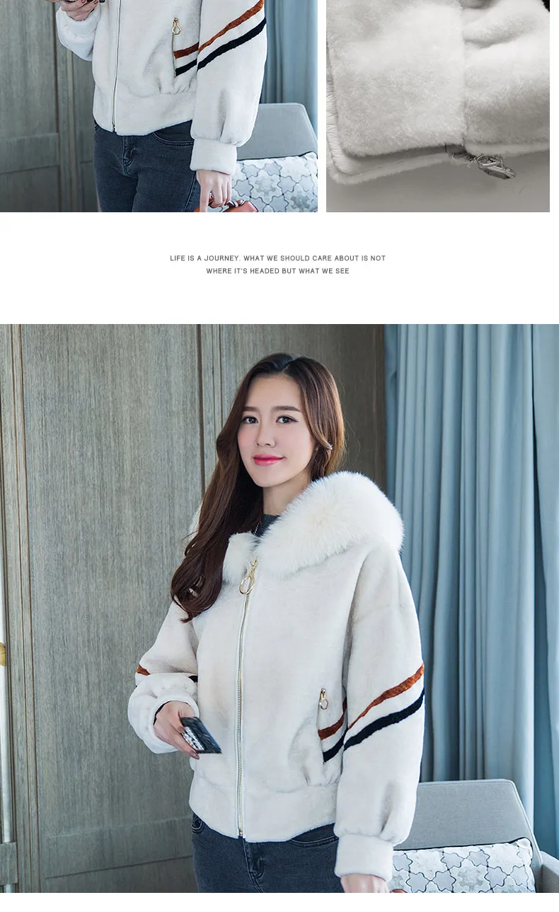 Пальто из натурального меха, зимнее пальто для женщин, воротник из лисьего меха, куртки из овечьей шерсти, шерстяная куртка в Корейском стиле, тонкие короткие белые женские топы ZT346