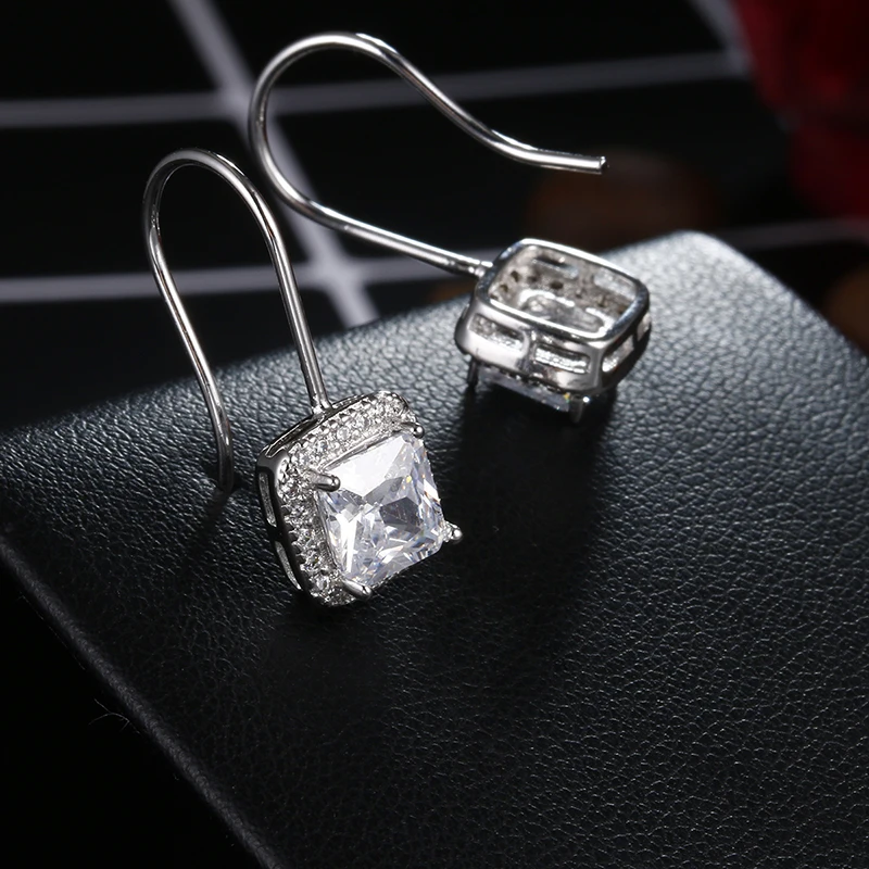 100% 925 sterling silver fashion shiny cz zircon square ladies`drop earrings women jewelry female gift drop shipping cheap