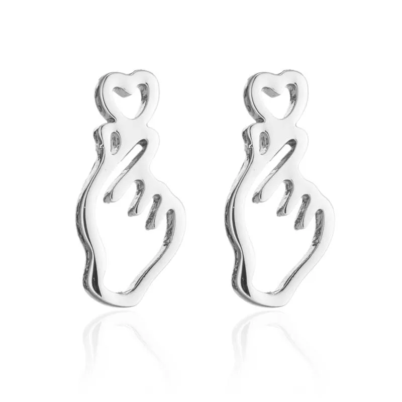 Korean Fashion Finger Heart Earrings Hand Necklace Pendant Women Stainless Steel Jewelry Set