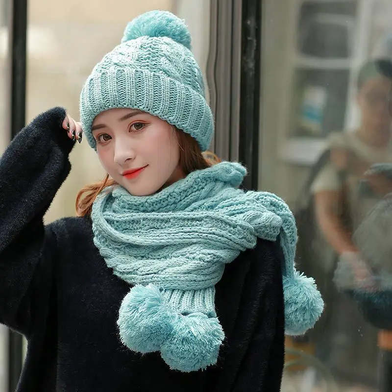 Зимняя шапка и шарф-перчатка, комплект для женщин, вязаная шерстяная шапочка для девочек, шарф с кольцом, хлопковый женский головной убор и
