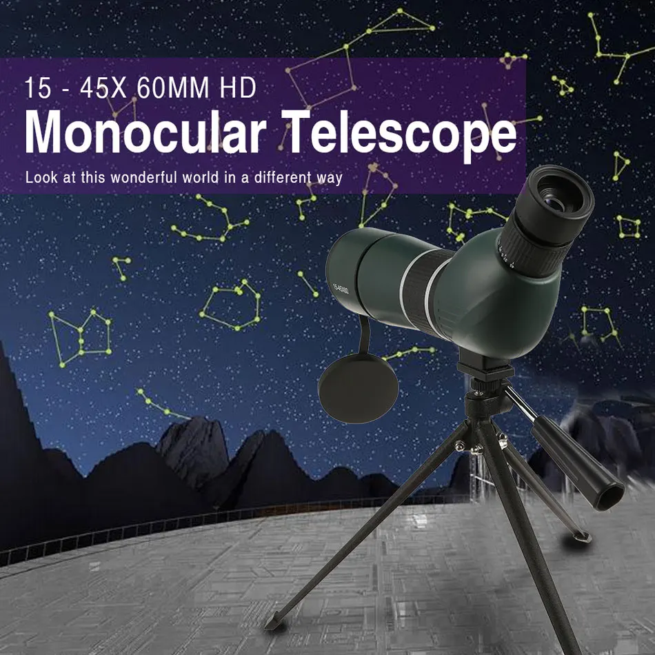Lusun 15-45x60 зум Монокуляр телескоп водонепроницаемый HD наблюдение за птицами со штативом Охота Зрительная труба 45 градусов угловой глаз