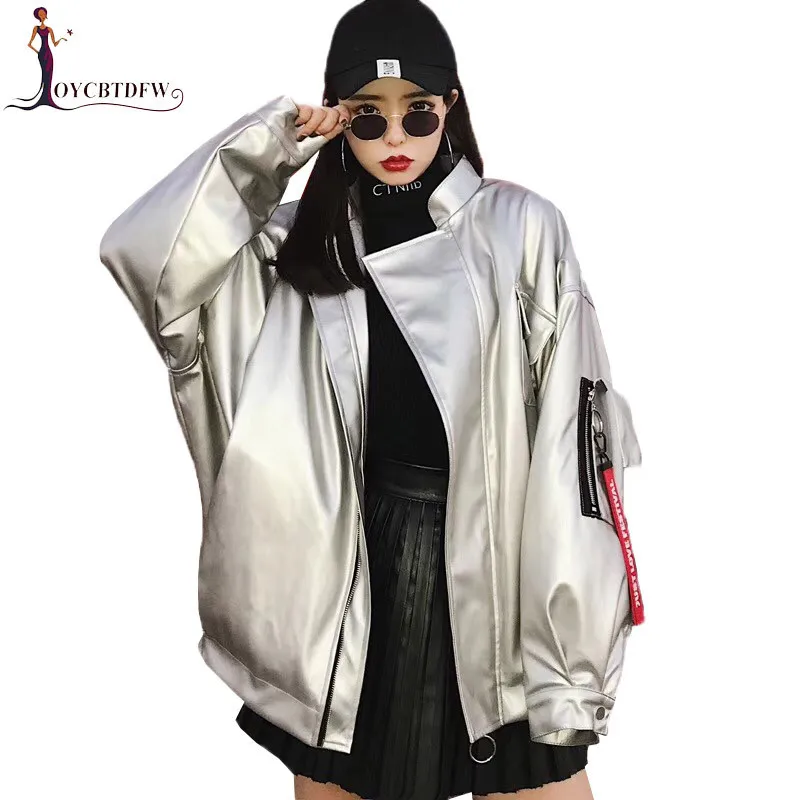 

Leather Jacket Women 2018 Spring New Loose Large size BF style PU Leather Outerwear Silver Baseball clothes Lady Coat FASHION478