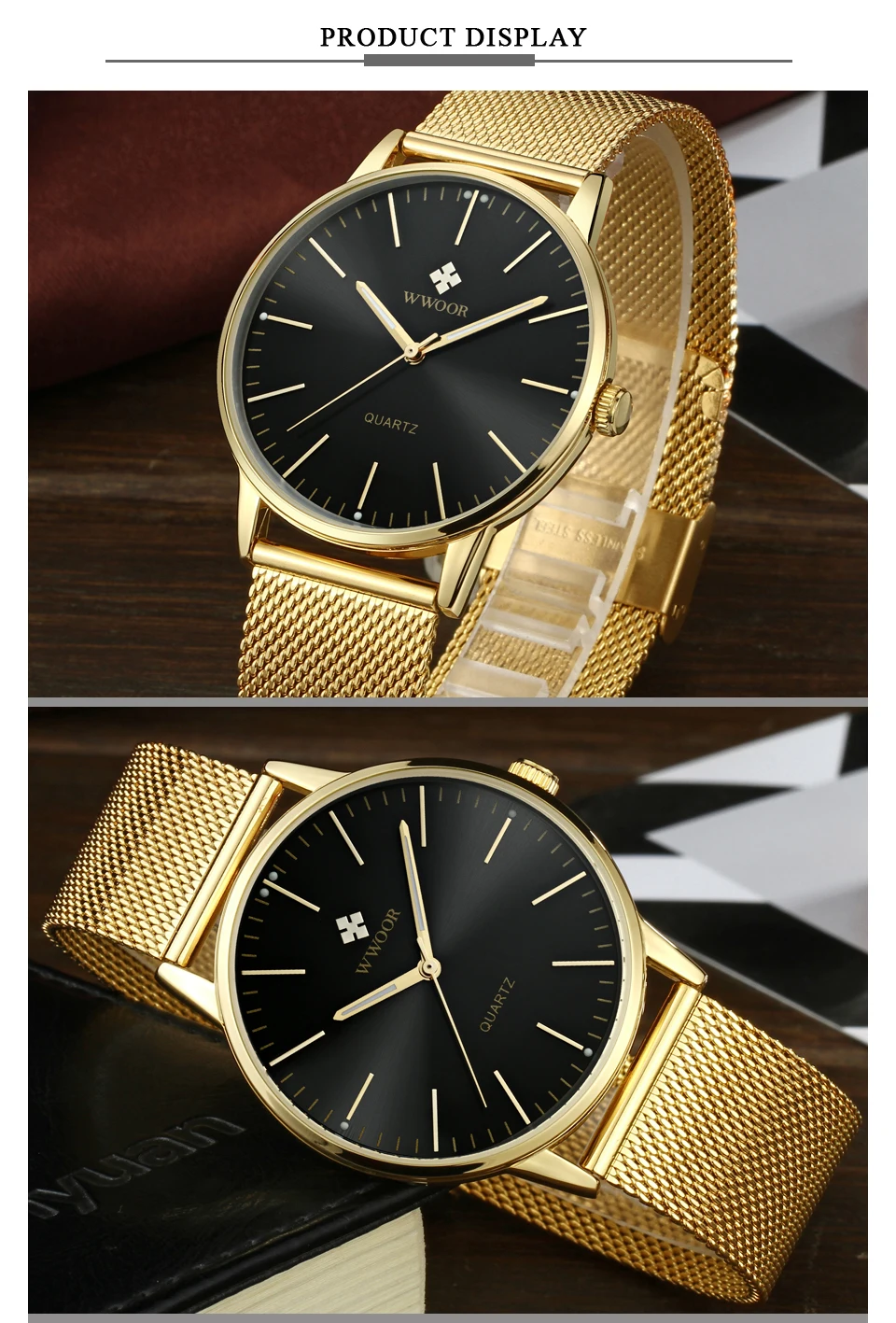 WWOOR Golden Men's Watches Luminous Hands Thin Male Clock 50 m Waterproof Quartz Wrist Watch Stainless Steel Sports Clock (6)