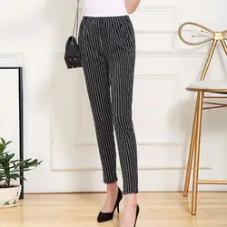 Повседневные брюки офисные женские полосатые/однотонные брюки женская модная одежда с высокой талией с эластичным поясом и карманами