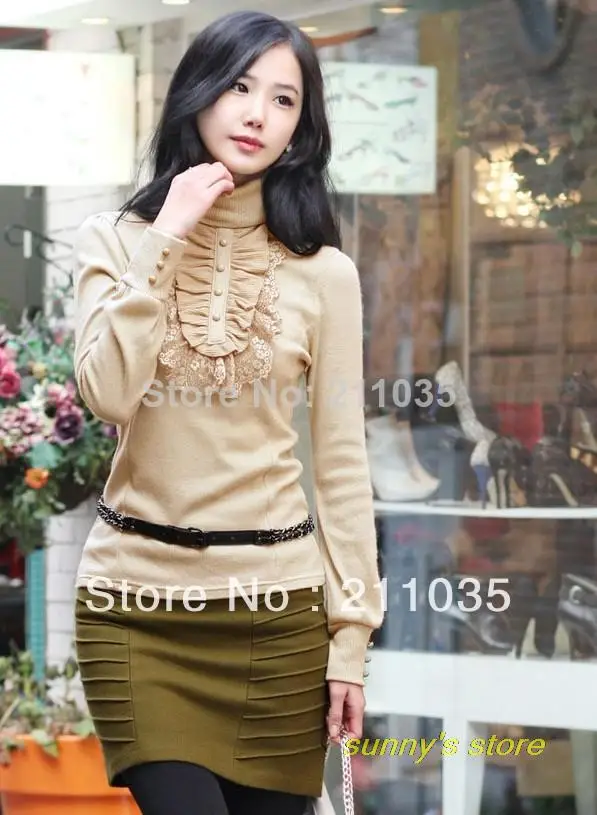 

Woman Winter Plus Size Full Turtleneck Fold Lace Splice Sweaters Lady Autumn Fashion Sweater Female Hedging Button Sweaters