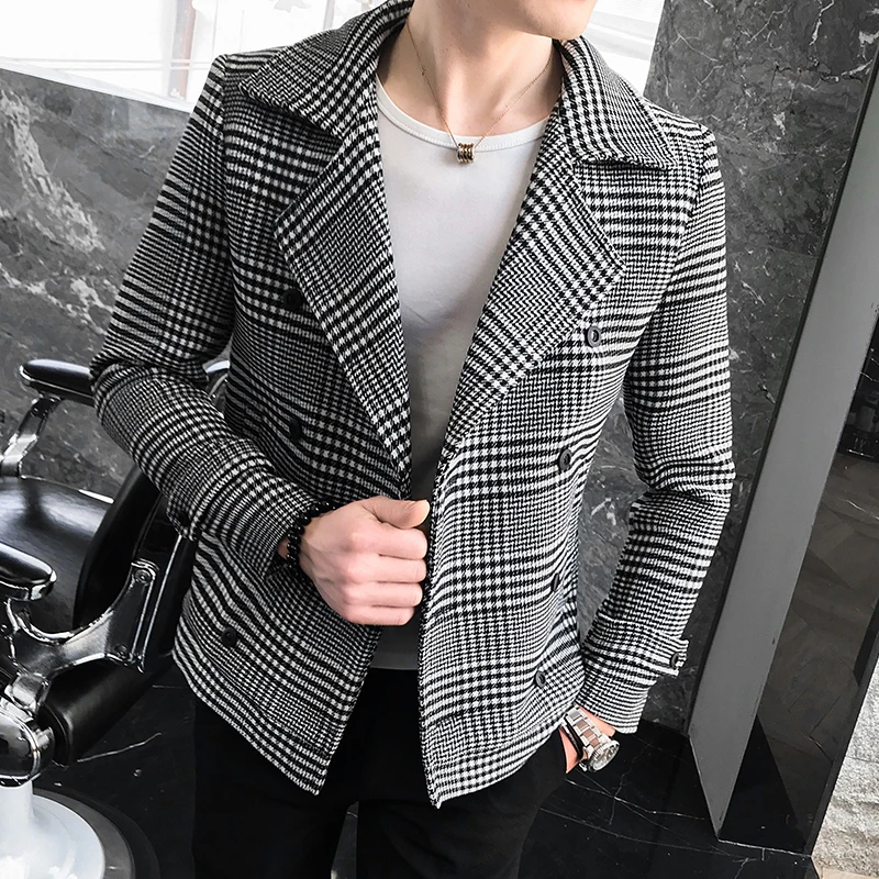 

Woolen coat mens 2019 new double-breasted trench coat Korean trend check retro tartan coat fashion slim short coat mens clothing