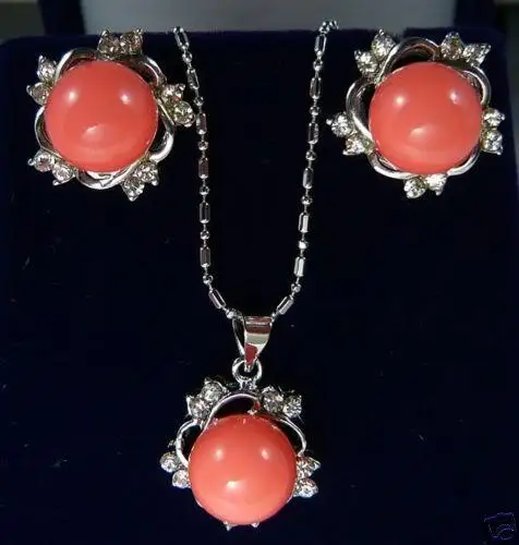 

hot sell new - ELEGANT RED CORAL CRYSTAL PENDANT EARRING SILVER SET ^^^@^18K GP style Fine jewe Noble Natural jade fast SHIPPI