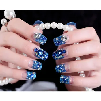 

DIY 3D Rhinestone Fashion False Nails Full Cover Bride Beauty Nail Art Tips with Glue Bright Shining Blue Color Fake Nail