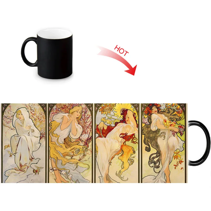 12 унций Alphonse Mucha Work Heat Reveal волшебная кружка изменение цвета кофе молочный чай