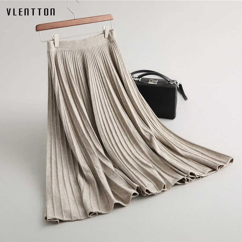 

Fashion Pleated Skirt Women Harajuku Knitted Skirt New Autumn Winter Offiece Lady High Waist Long Skrits Saia