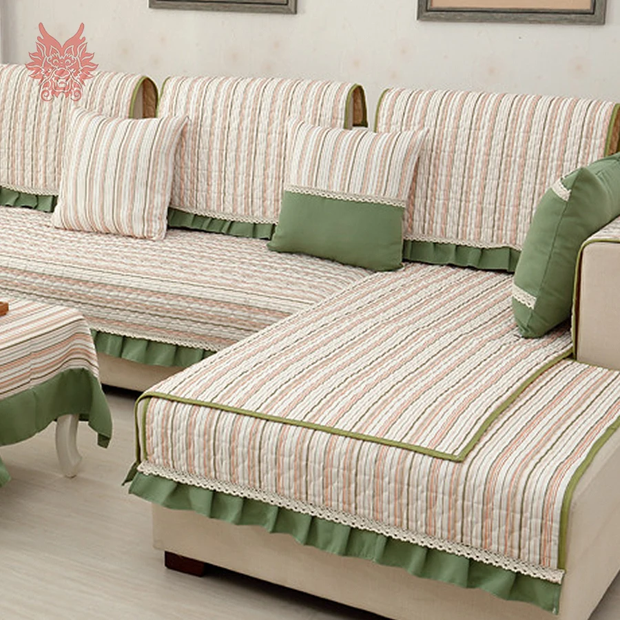 Pastoral style green with striped linen cotton quilted sofa cover