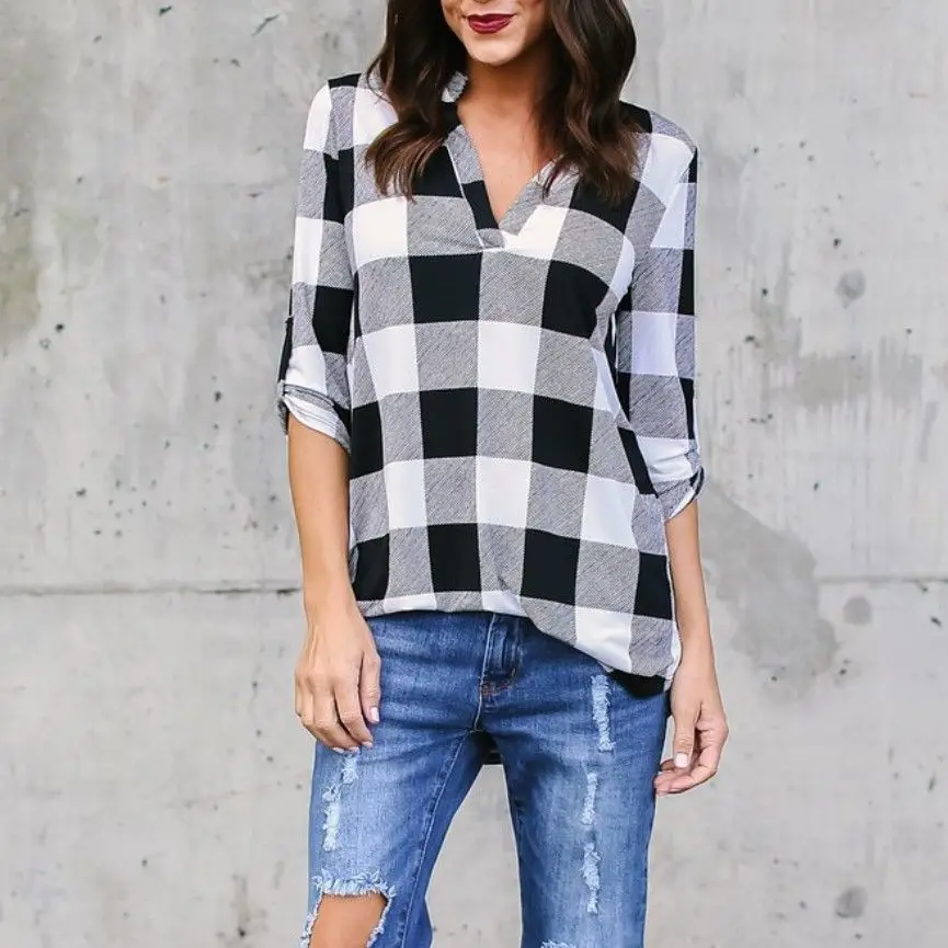 5XL 2018 Fashion White Black Green Plaid Shirt Female Office Shirt Women Tops Blouses Long Sleeve Flannel Shirt Plus Size Blusas Blouses