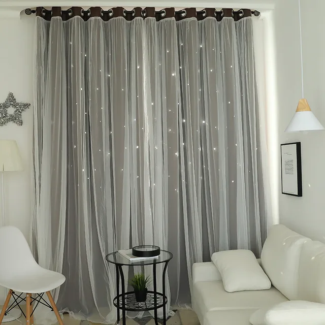 NORNE Hollow Star Thermal Insulated Blackout Curtain for Living Room Bedroom Window Drape Blinds Stitched with White Voile Coffee