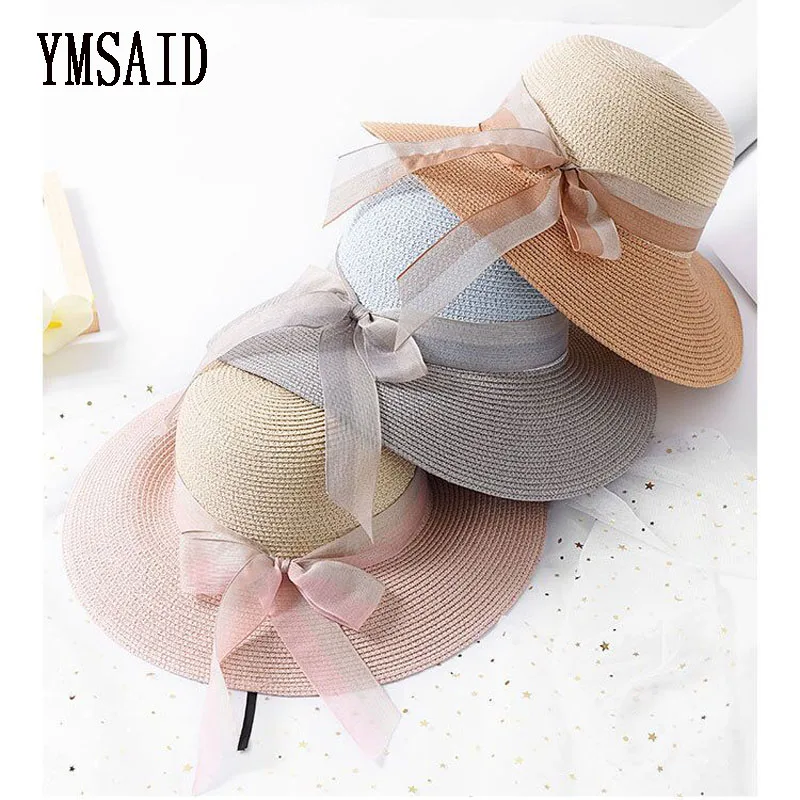 Ymsaid New Color Colorblock Ribbon Female Straw Hats Summer Seaside Resort Foldable Beach Hat Girl Wide Side Sun Hat