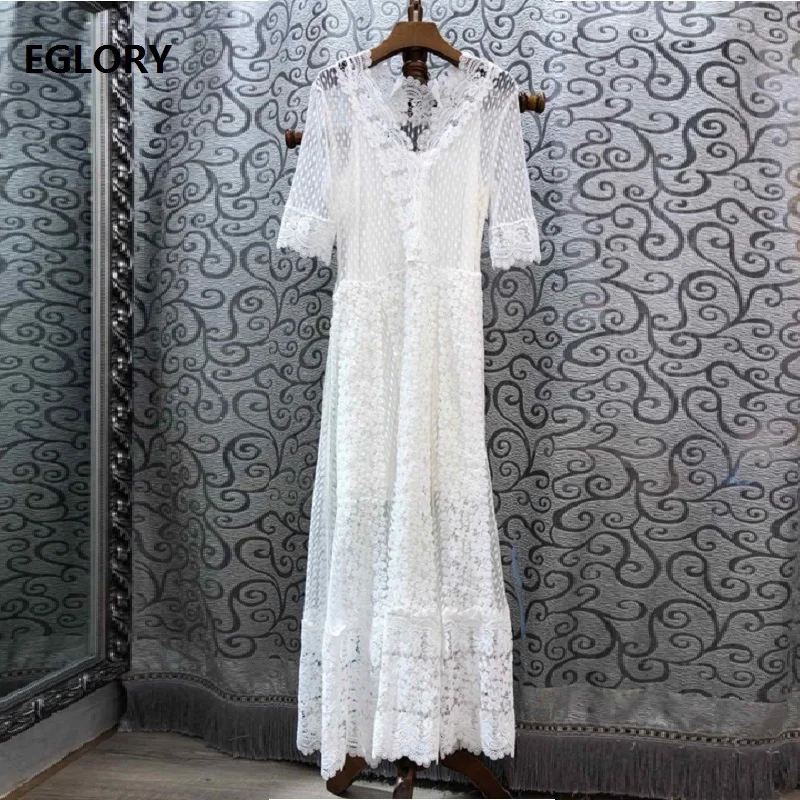 

White Long Dress 2019 Summer Fashion Wedding Party Women V-Neck Allover Tulle Lace Embroidery Short Sleeve Long Maxi Dress Festa