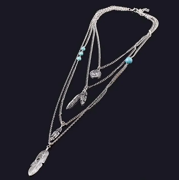 Boho Multilayer Feathers Bijoux Charm Necklaces - GraceOfBeauty