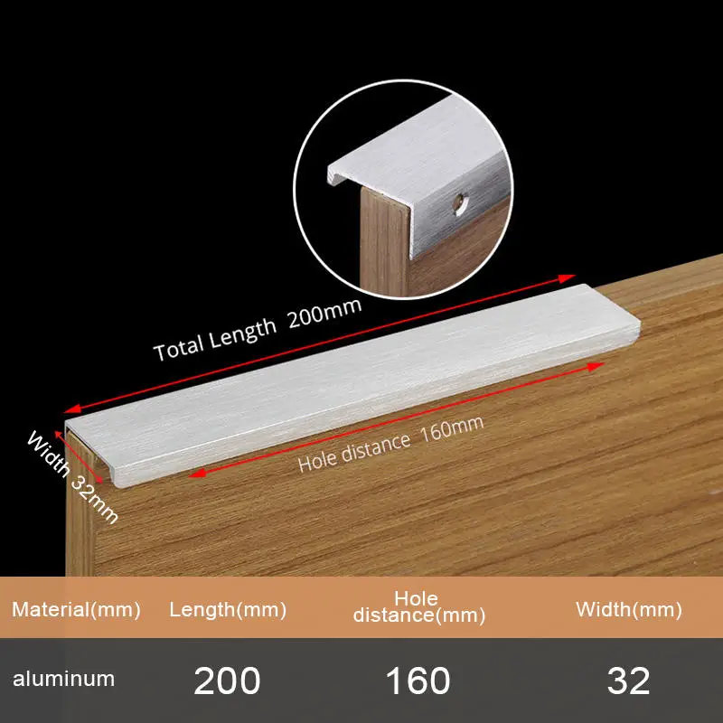 NAIERDI, черные скрытые ручки для шкафа, алюминиевый сплав, кухонный шкаф, ручки для выдвижных ящиков, Мебельная ручка, дверная фурнитура для спальни - Цвет: Silver Length 200mm