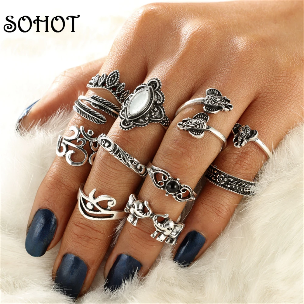 

SOHOT Bohemia Style 11pcs/set Knuckle Ring Sets Imitation Crystal Silver Gold Elephant Feather leaves Fashion Rune For Wedding