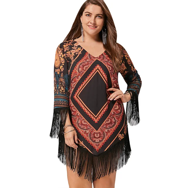 Tribal Printed Chiffon Tassel Dress Women Fashion Geometric Argyle Print V Neck Dress