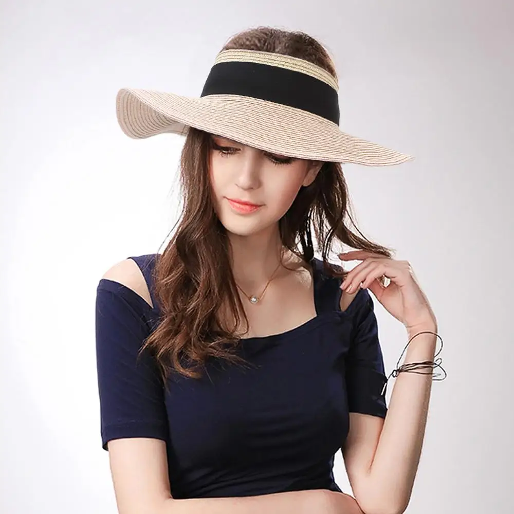 

GEMVIE New Empty Top Wide Brim Women Summer Hats Foldable Paper Straw Hat Ribbon Floppy Visor Sun Hat UV Protection Beach Cap